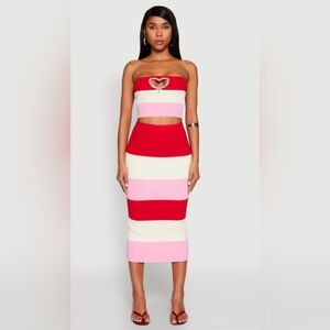 Timing Color Block Red, Pink, and Cream Striped Knit Midi Skirt Set